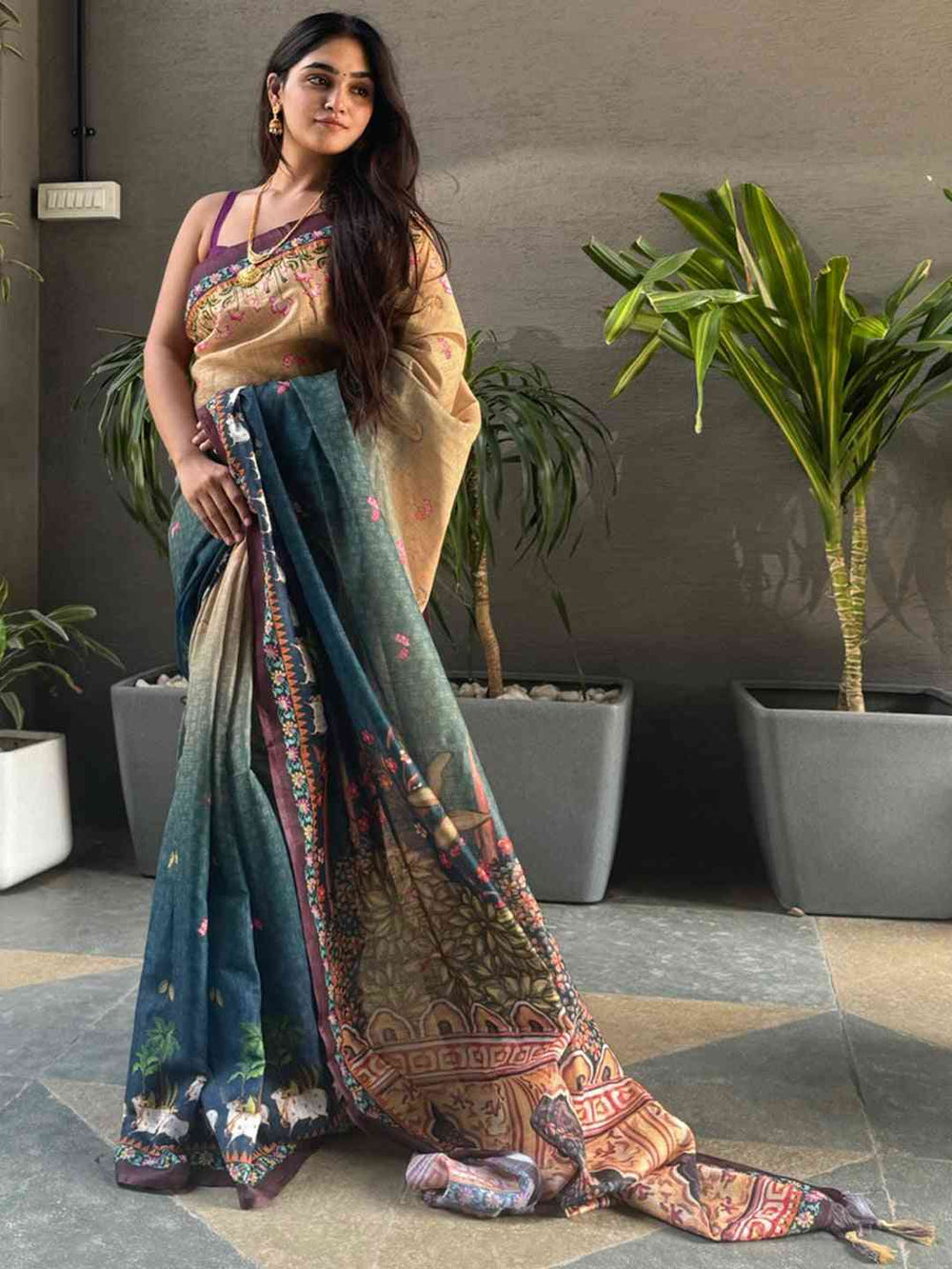 Traditional Pichwai Printed Saree in Turquoise Linen.