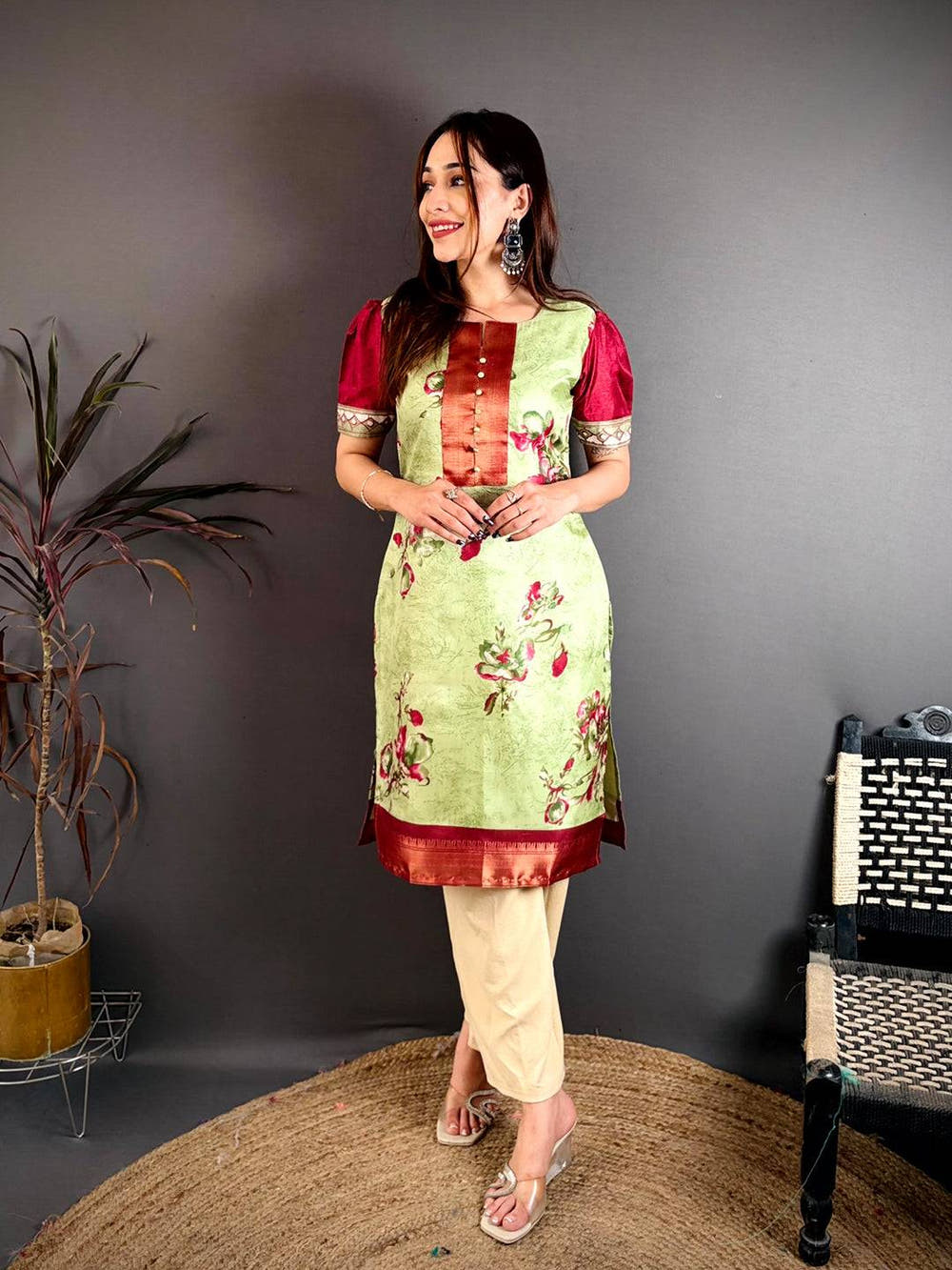 Radiant Round Neck Soft Dola Silk Kurti