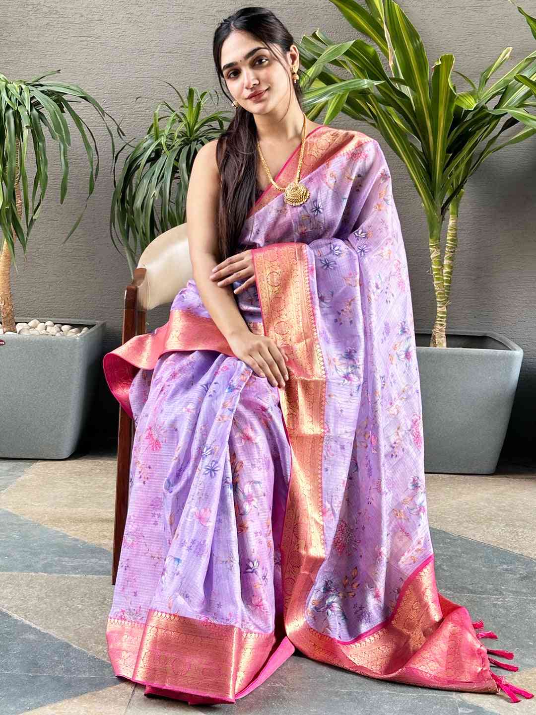 Purple digital flower print Kota silk saree with gold border