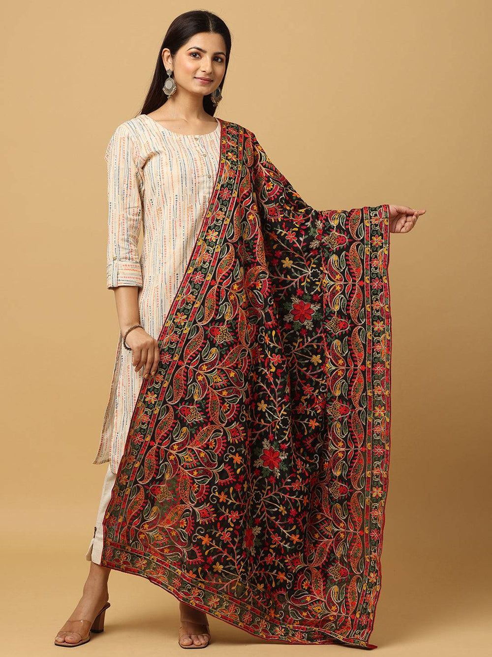 Elegant poly chiffon pashmina dupatta with intricate threadwork