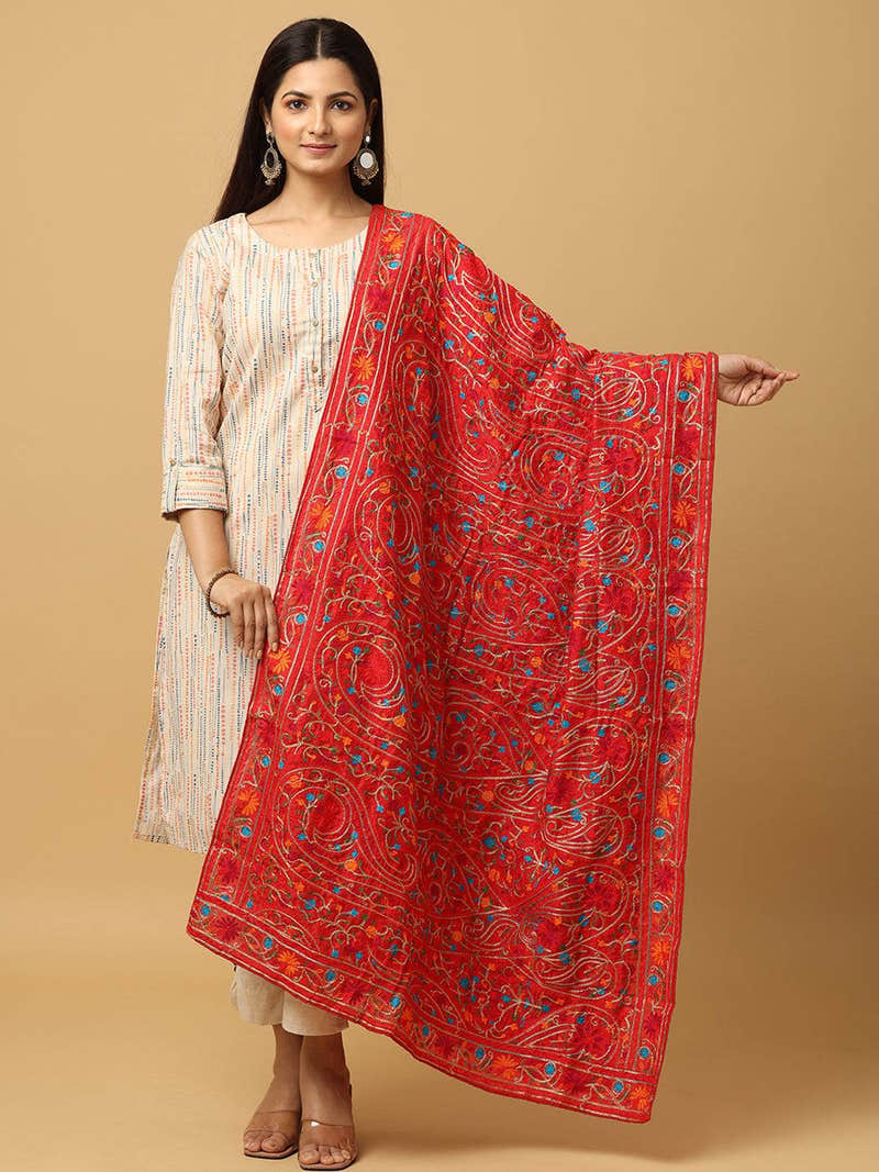 Red Floral Paisley Mix Pashmina Dupatta