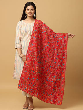 Red poly chiffon dupatta with pashmina threadwork, front view