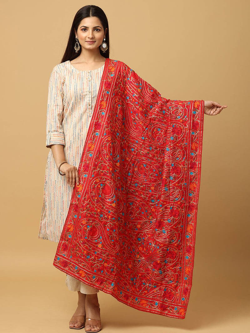 Red poly chiffon dupatta with pashmina threadwork, front view