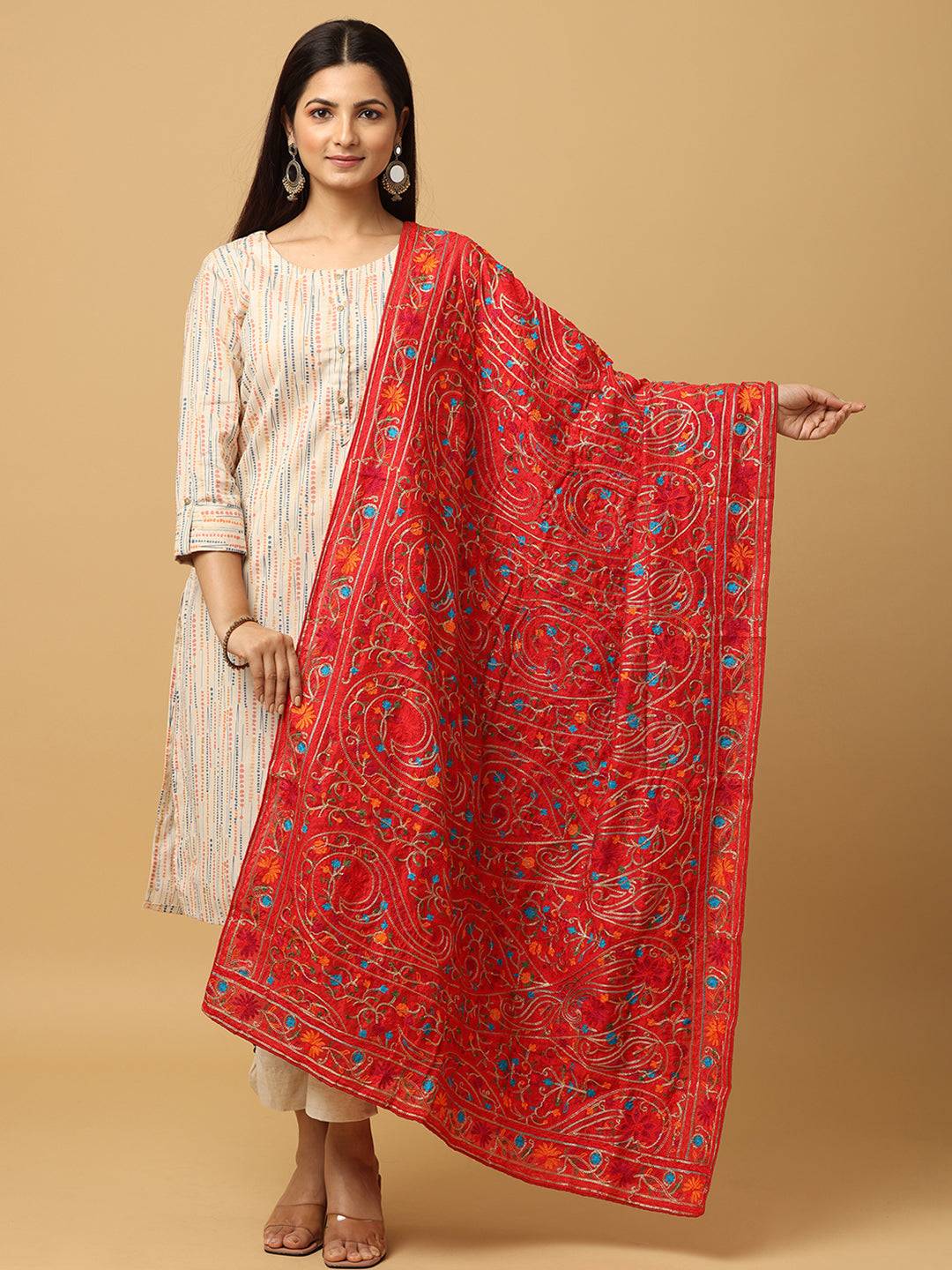 Red poly chiffon dupatta with pashmina threadwork, front view