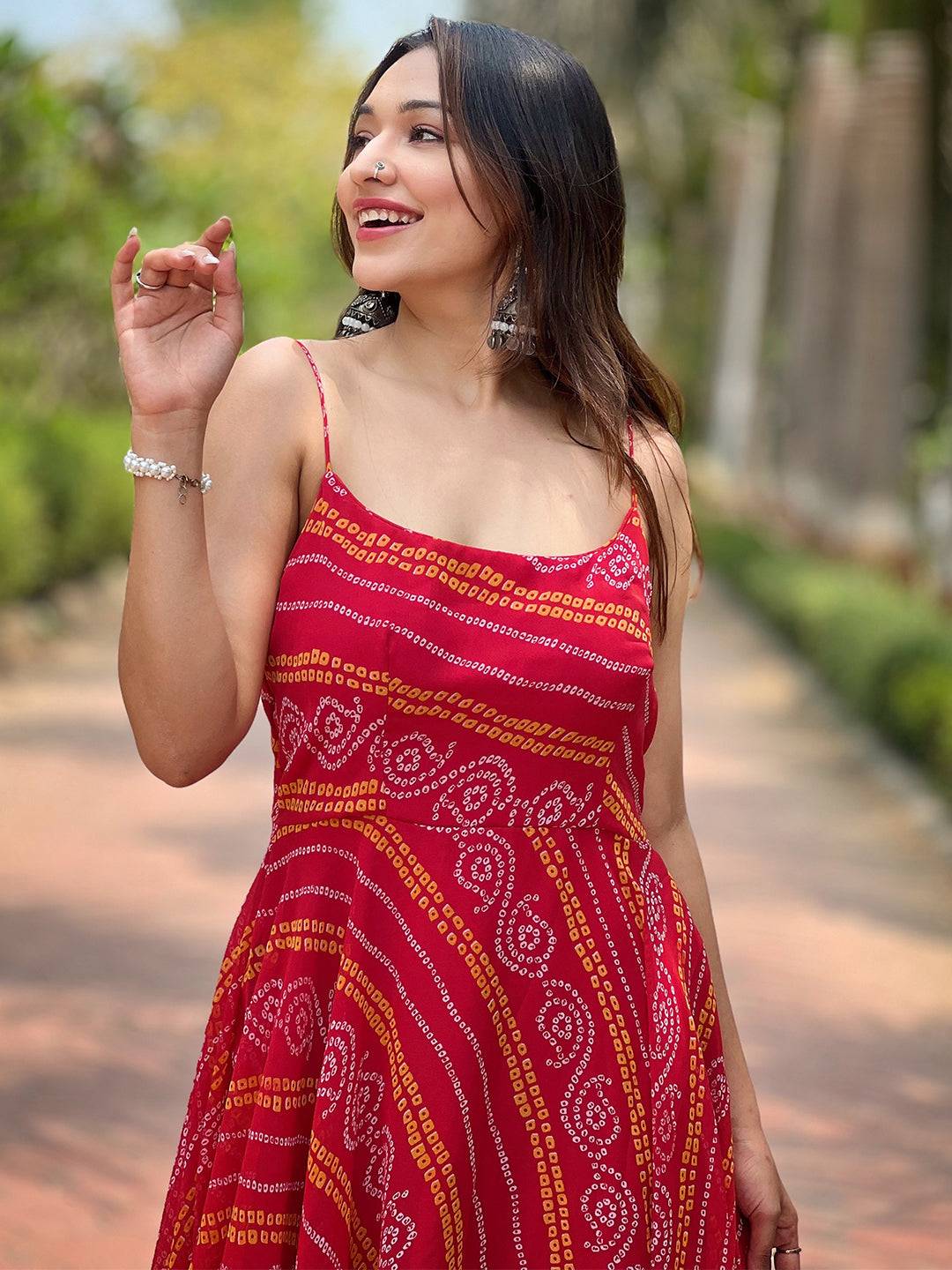 Smiling woman in Rose Red Long Printed Dress