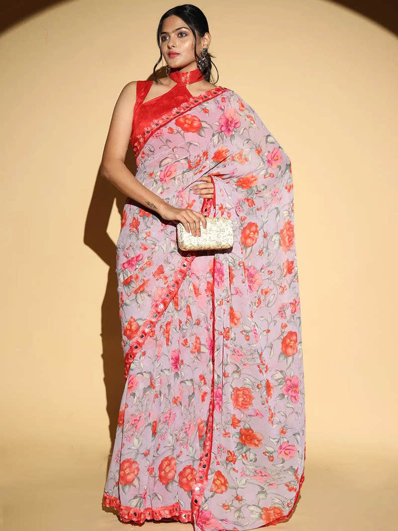 Soft Georgette Lavender Colored Party Wear Designer Saree