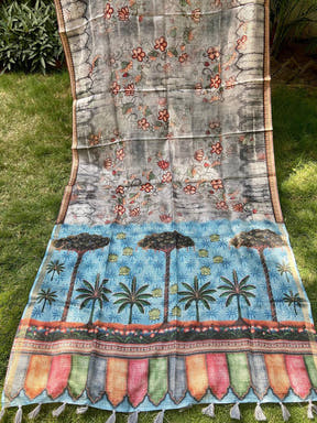 Soft Kota Doriya Silk Saree With Flower Prints & Rich Pallu
