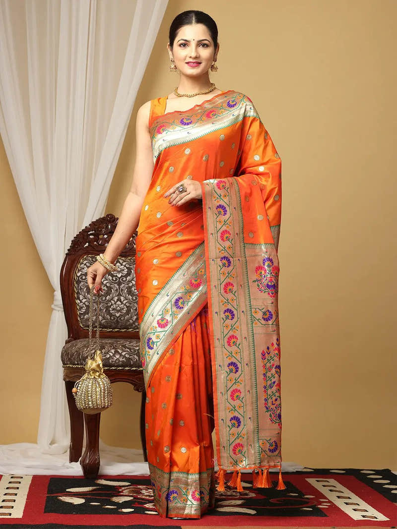 Yevla Paithani Minakari Work Silk Saree in Orange Colour