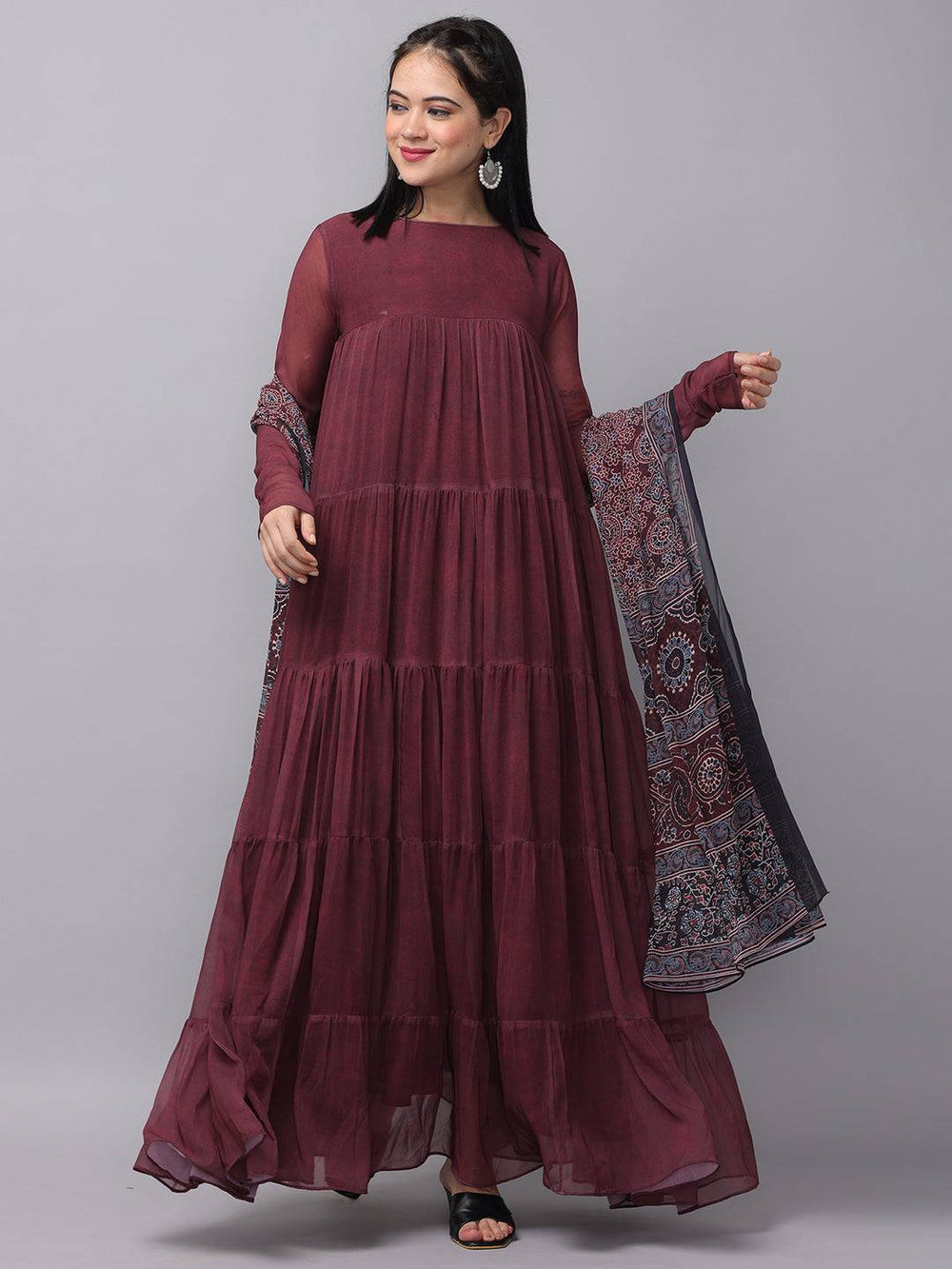 Flowy mulberry dress with intricate floral dupatta