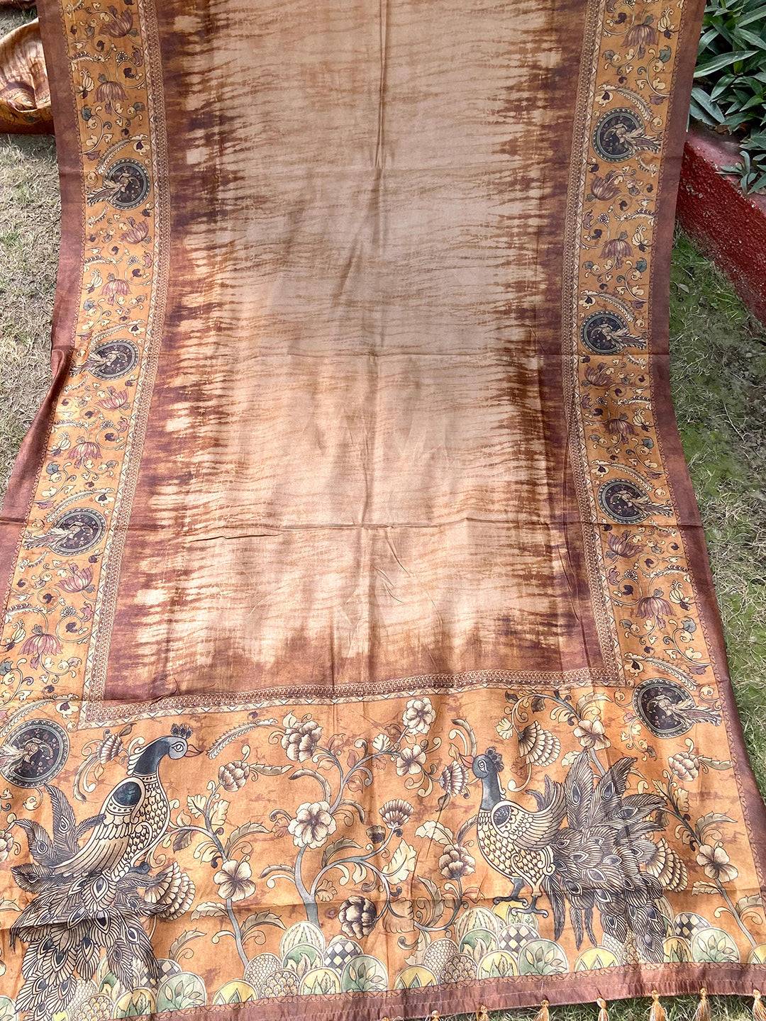 Gold Colour Tussar Silk Saree With Batik and Kalamkari Print Border