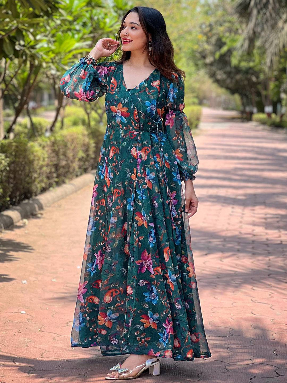 Elegant dark green angarakha dress with floral design