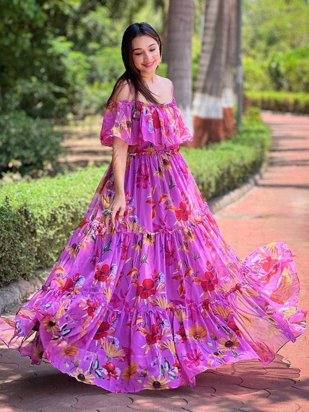 Flowing Orchid Bloom Off-shoulder Dress in garden