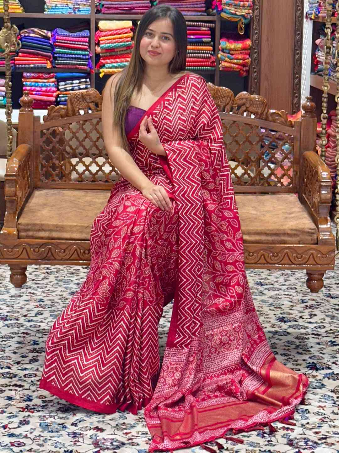 Red Manipuri silk saree with intricate foil print design