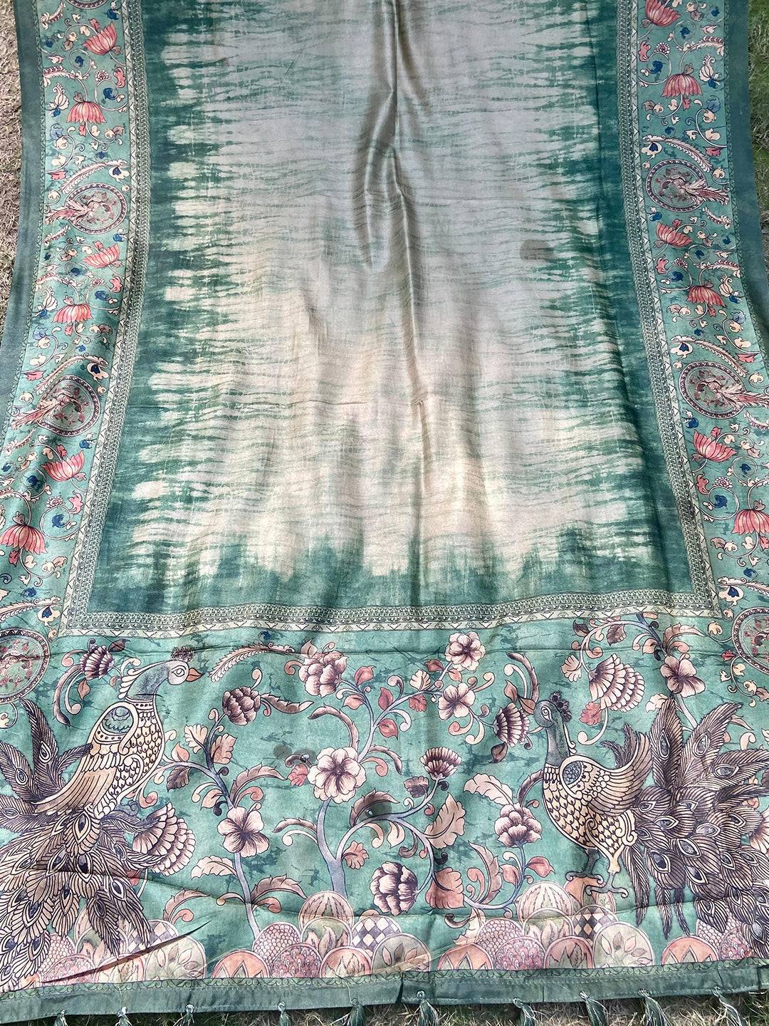 Green Colour Tussar Silk Saree With Batik and Kalamkari Print Border