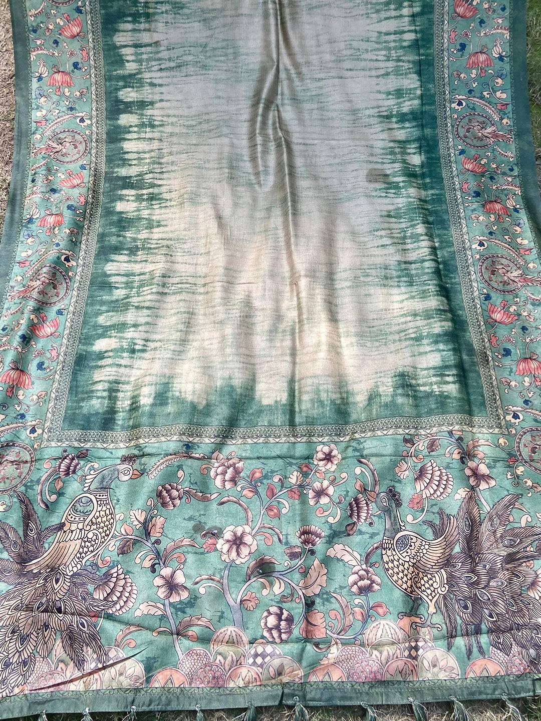 Intricate Kalamkari Border on Green Tussar Silk Saree