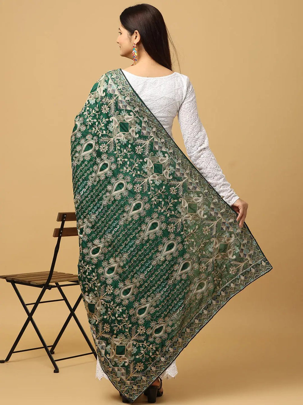 Back view of green poly chiffon pashmina dupatta with embroidery