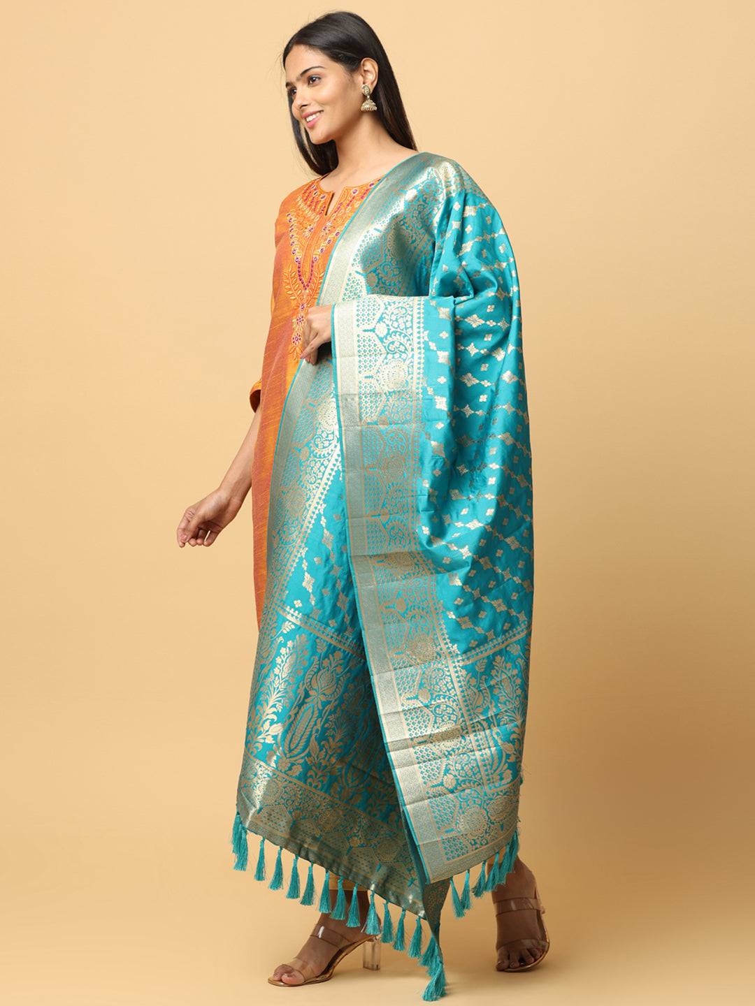 Turquoise dupatta with woven design and resham tassels