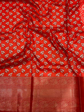 Rose Red Bandhej Printed Banarasi Saree