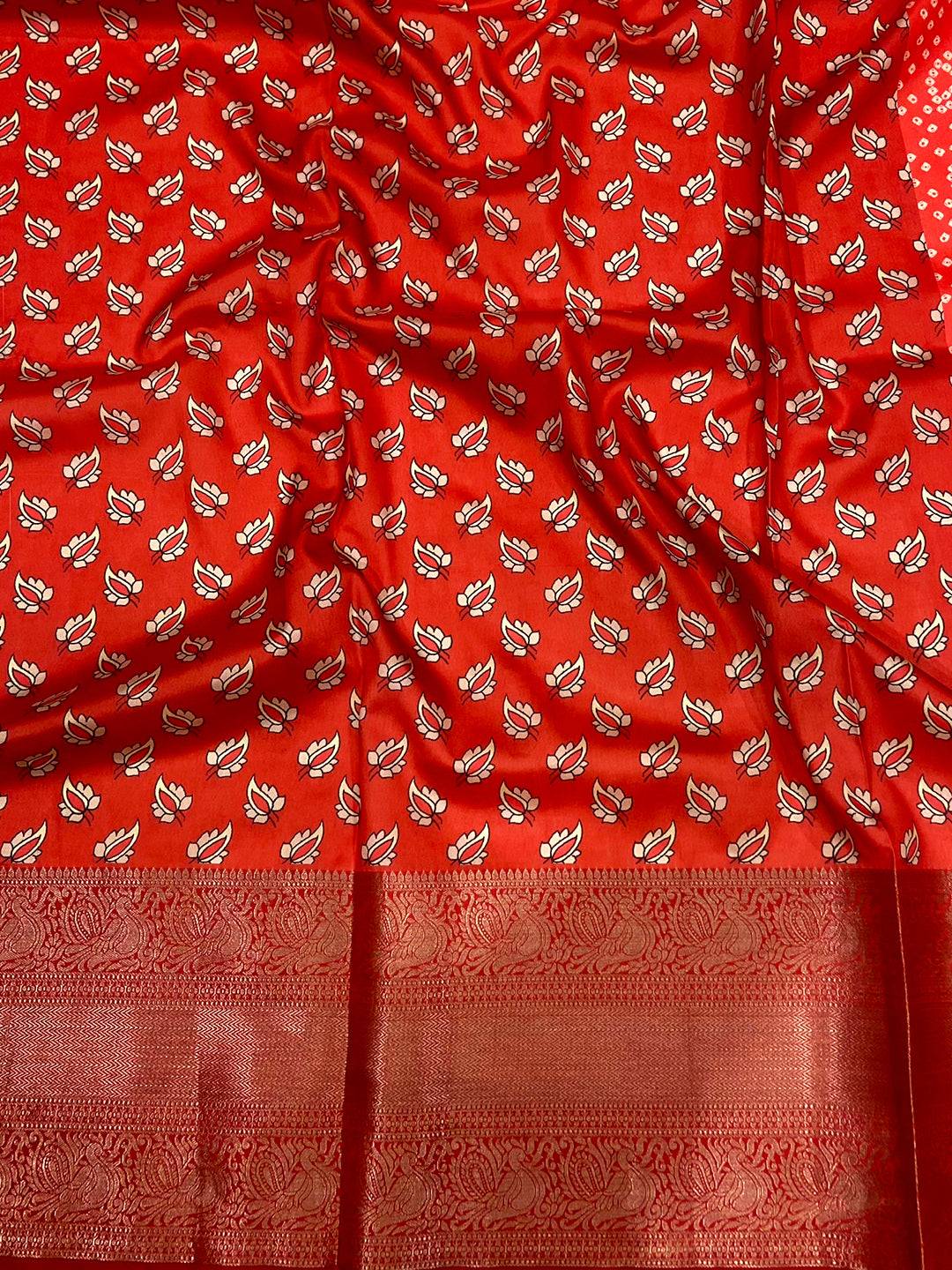Rose Red Bandhej Printed Banarasi Saree