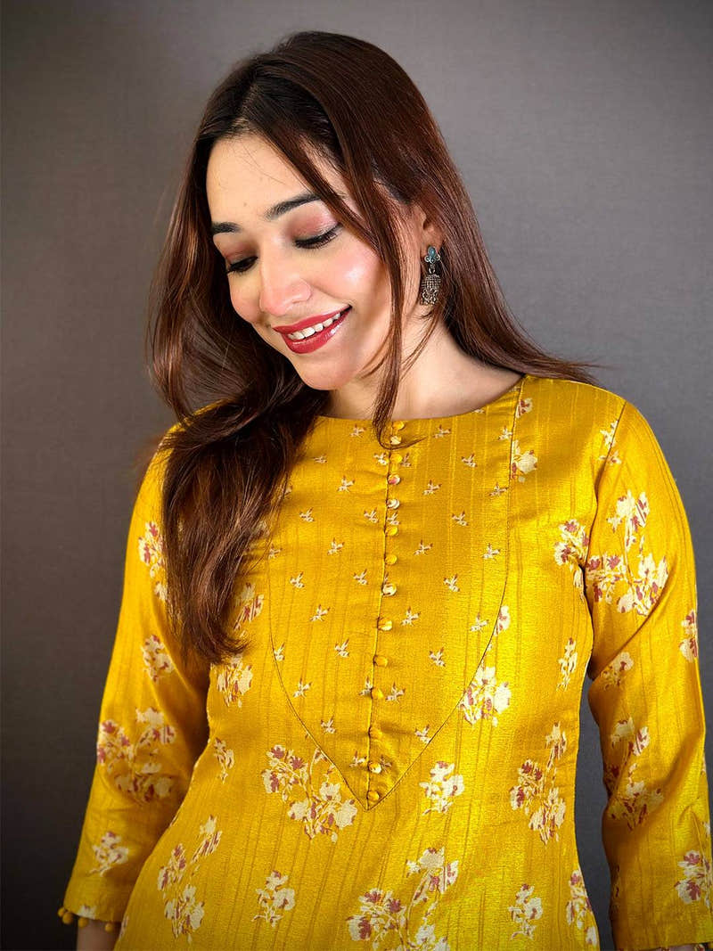Yellow V Neck Tussar Ghicha Ethnic Kurti