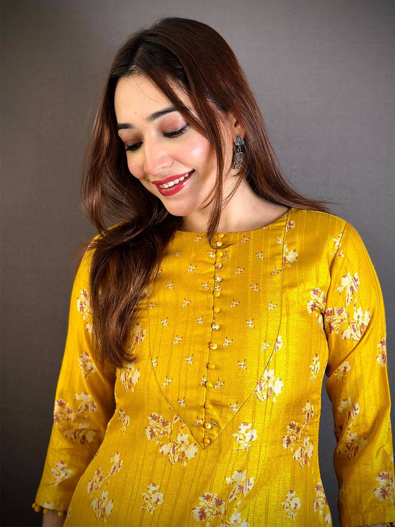 Yellow V Neck Tussar Ghicha Ethnic Kurti