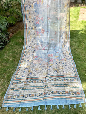 Sky Blue Kota Doriya Silk Saree With Flower Kalamkari Print