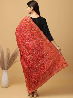 Back view of red poly chiffon dupatta with intricate embroidery