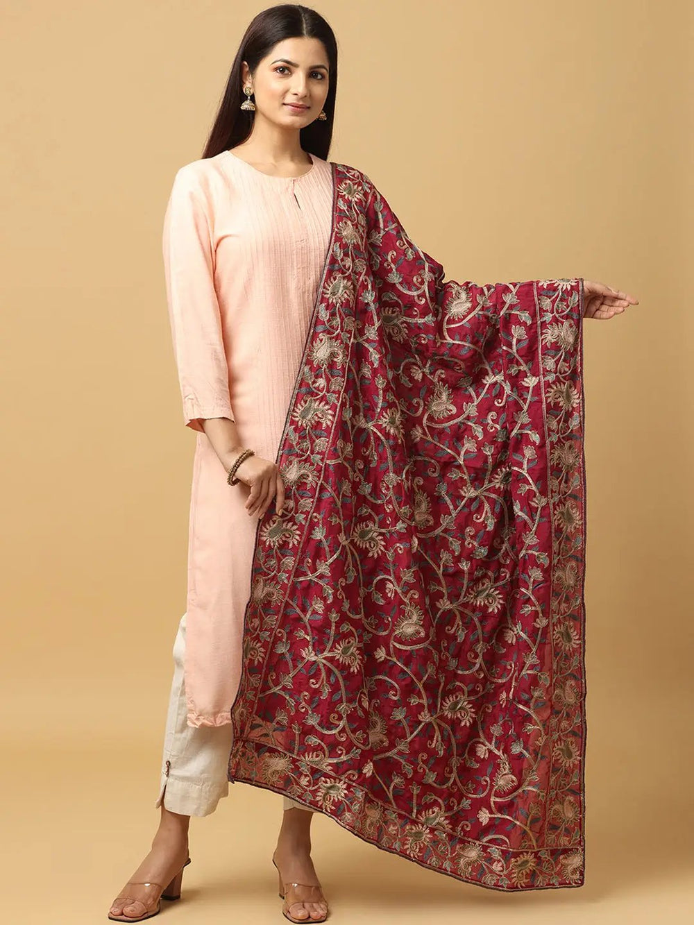 Stylish wine poly chiffon dupatta with threadwork, front view