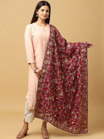 Stylish wine poly chiffon dupatta with threadwork, front view