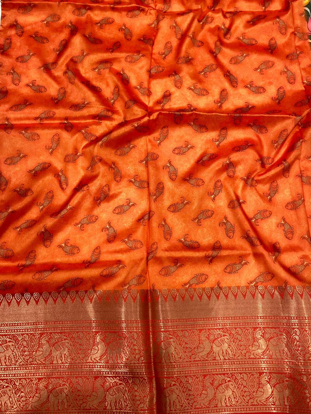 Bottle Green Floral Printed Banarasi Saree