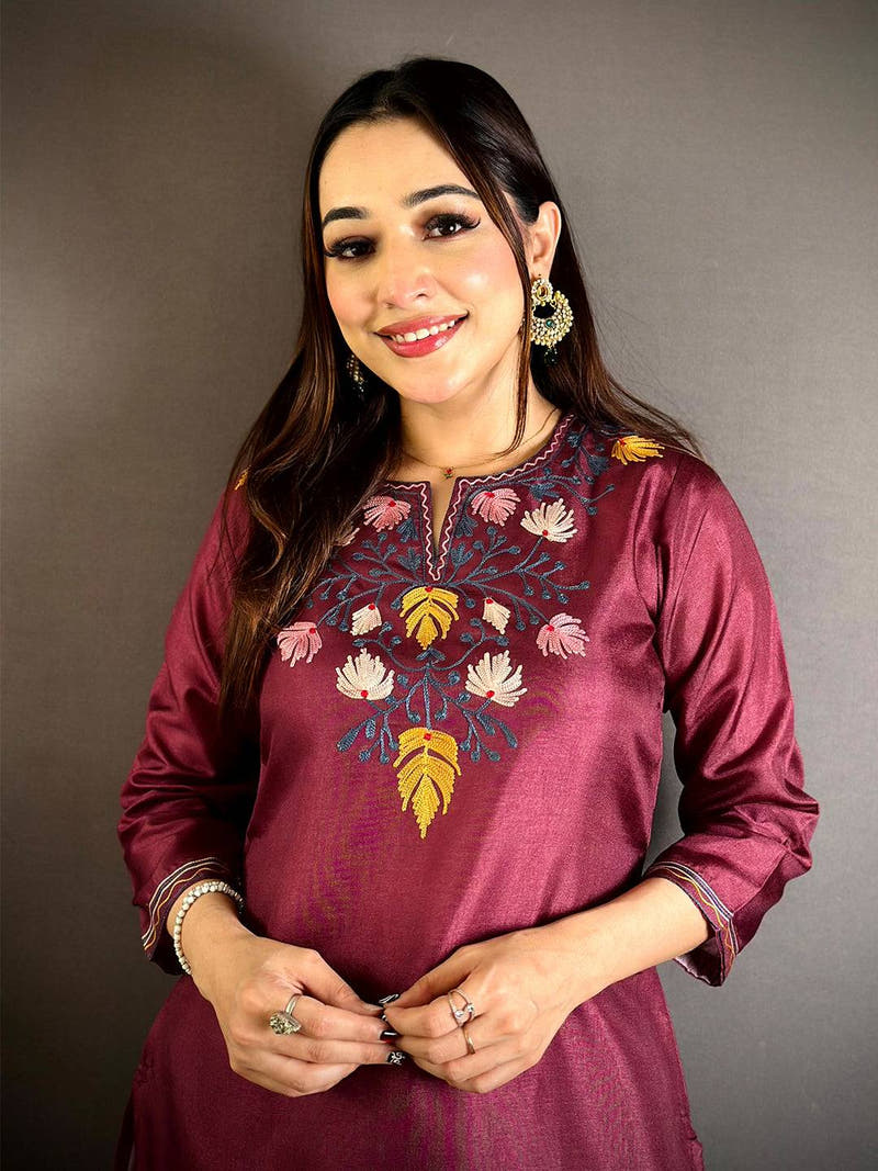 Wine Manipuri Crew Neck Kurti