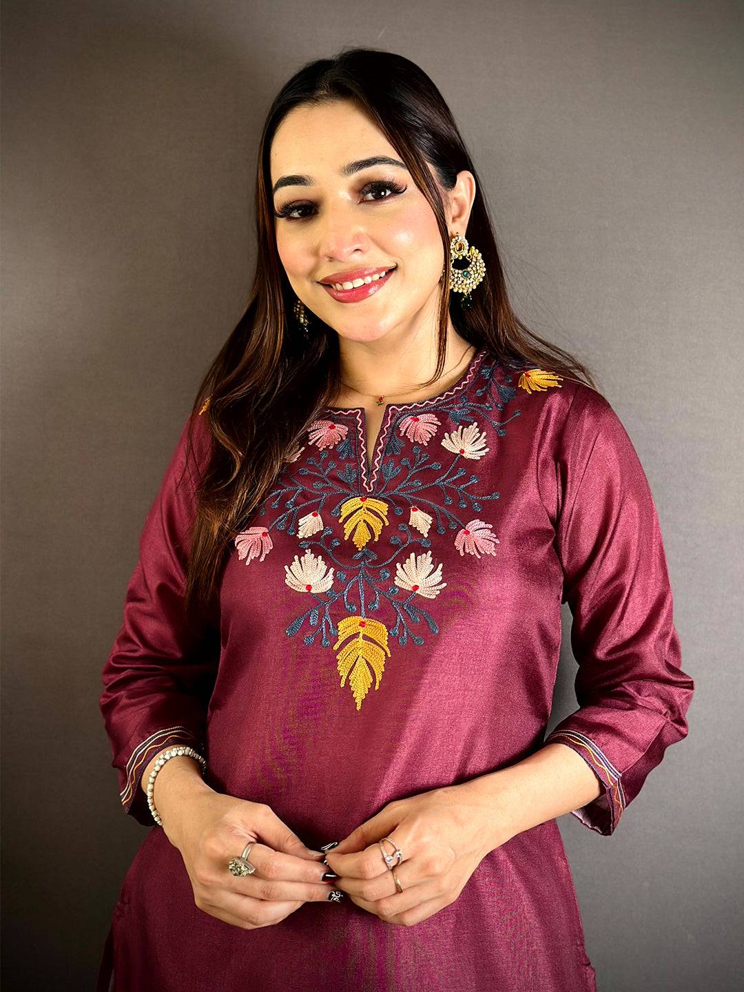 Wine Manipuri Crew Neck Kurti