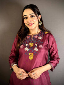 Wine Manipuri Crew Neck Kurti
