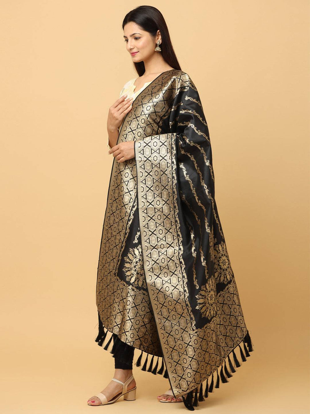 Stylish silk blend black dupatta with ornate detailing