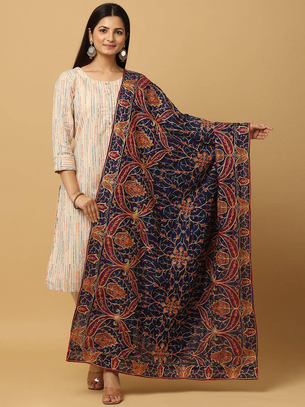 Navy Poly Chiffon Pashmina Dupatta with Threadwork