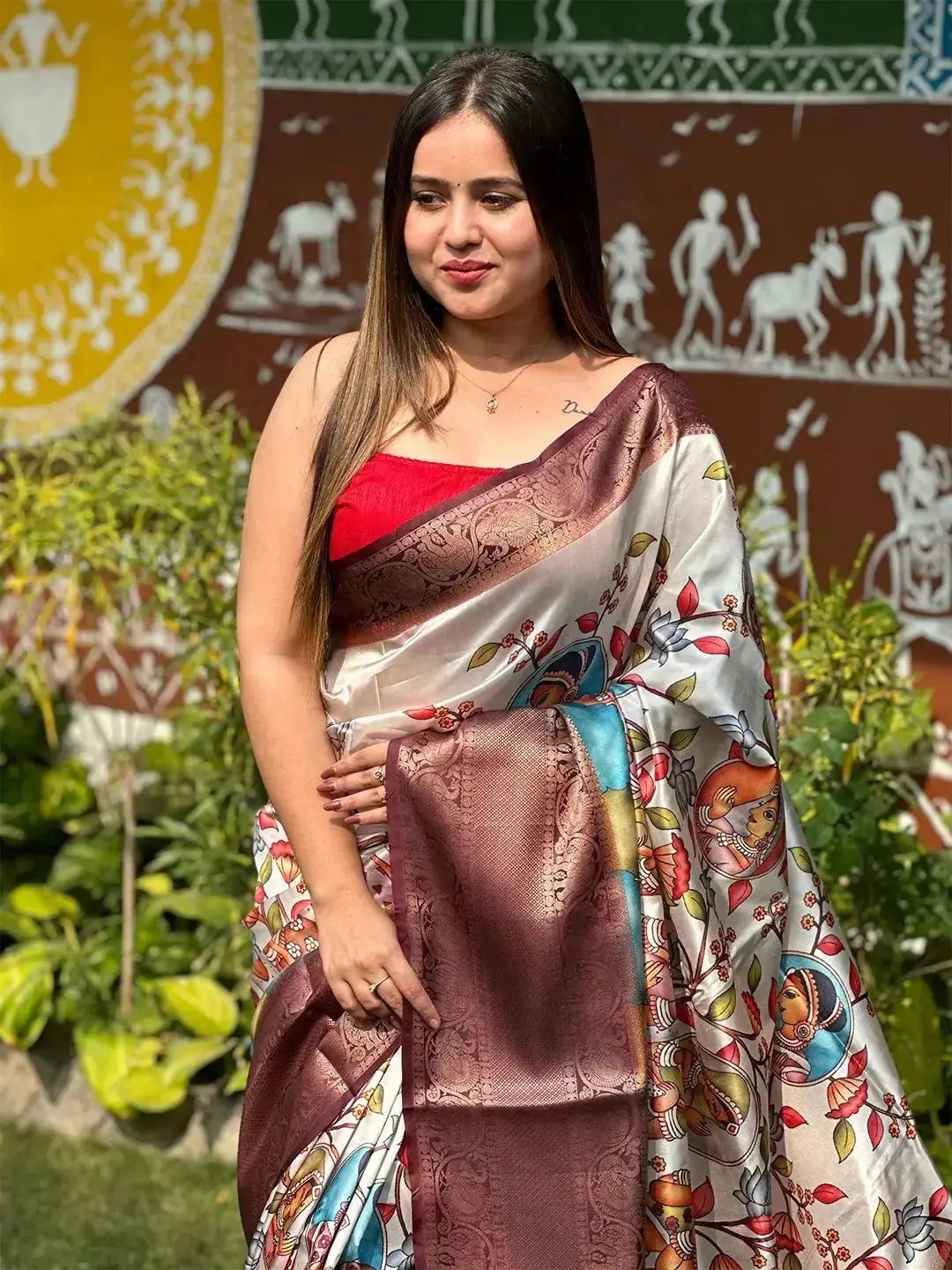 Stylish Kalamkari Saree with colorful digital print design