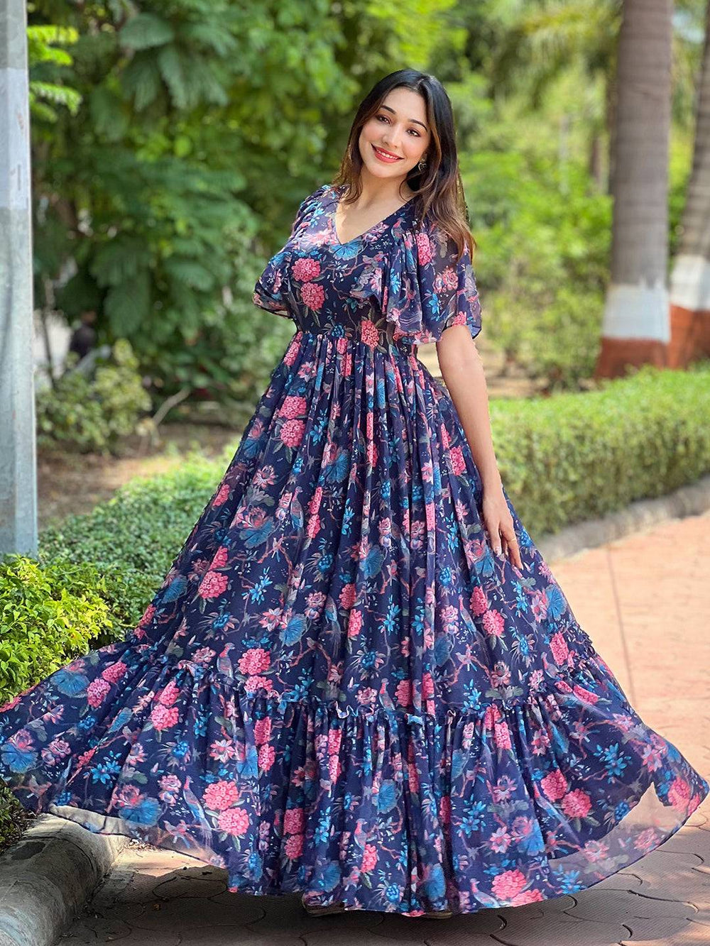 Elegant Midnight Navy Floral V-Neck Dress outdoors