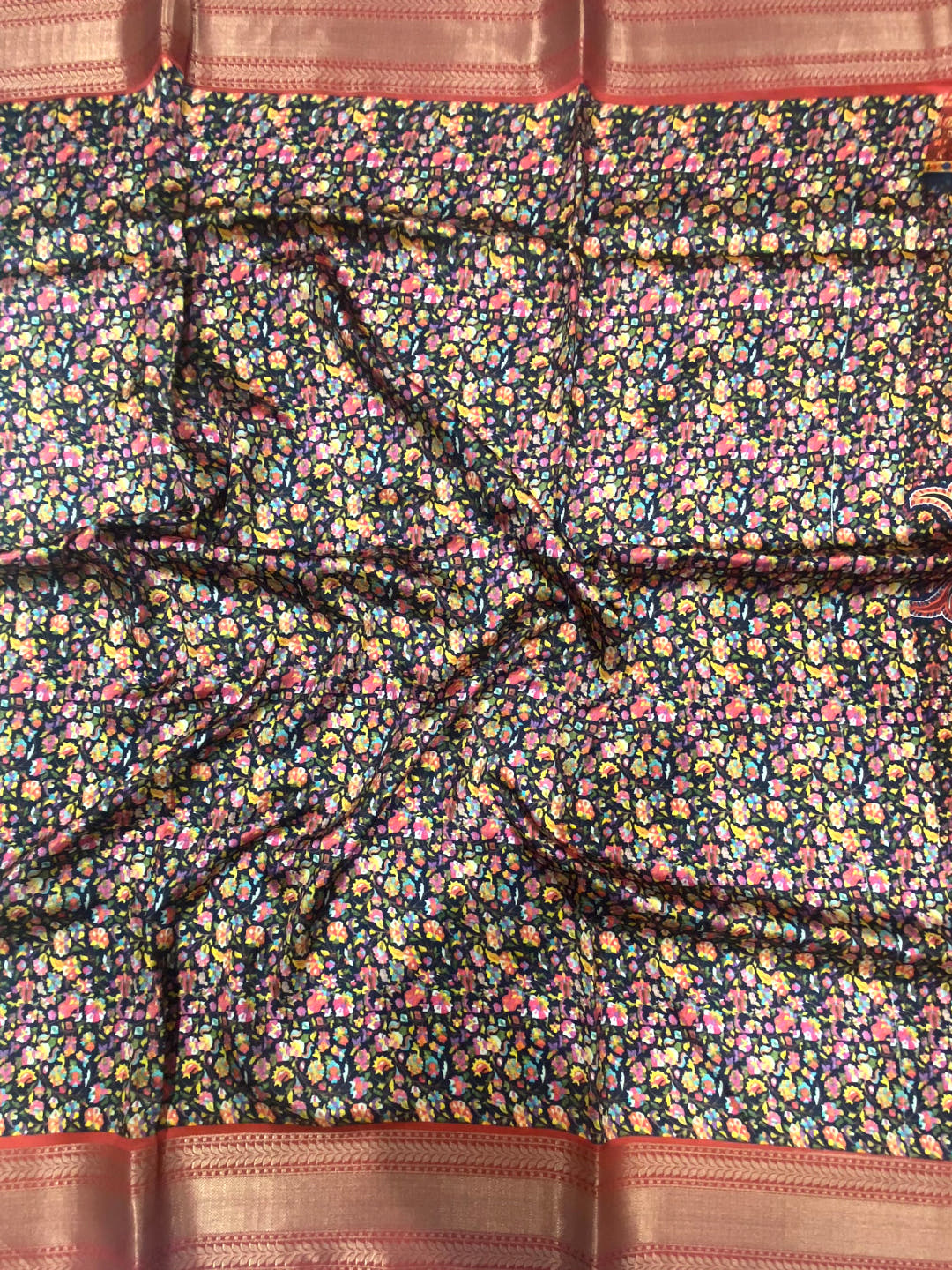 Black Mughal Kalamkari Print Pashmina Saree

