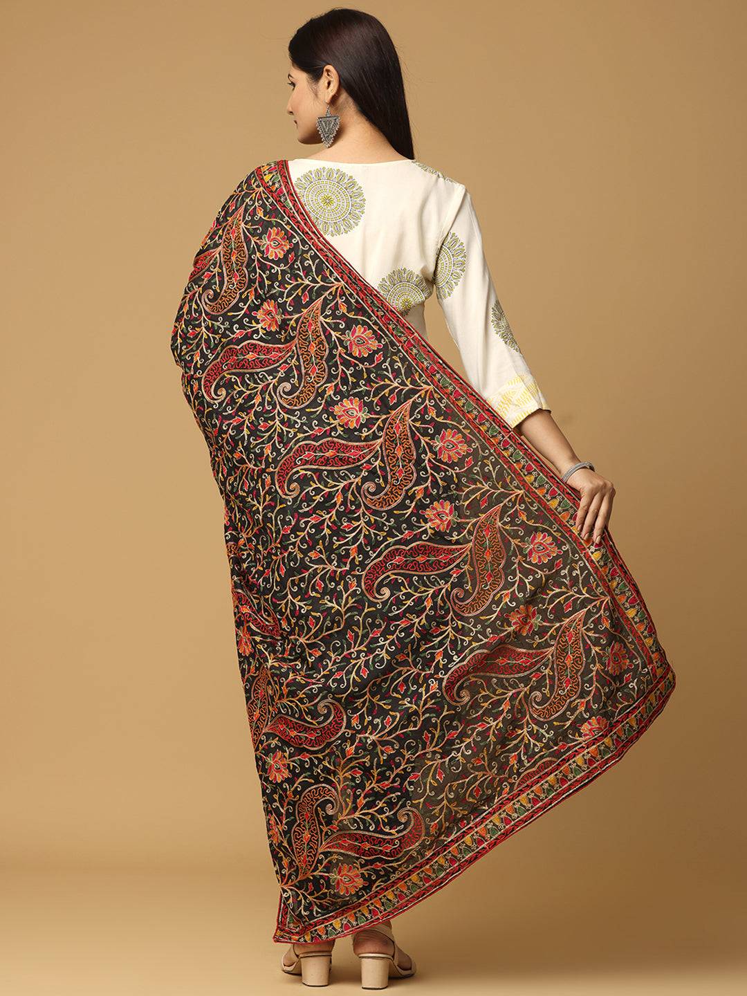 Back view of black pashmina dupatta with intricate embroidery