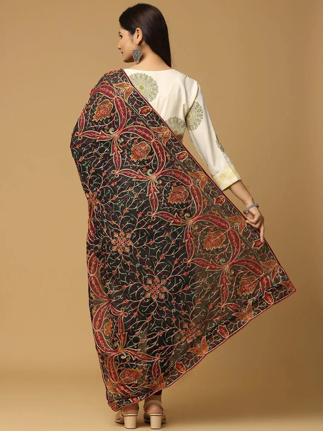 Back view of black poly chiffon pashmina threadwork dupatta