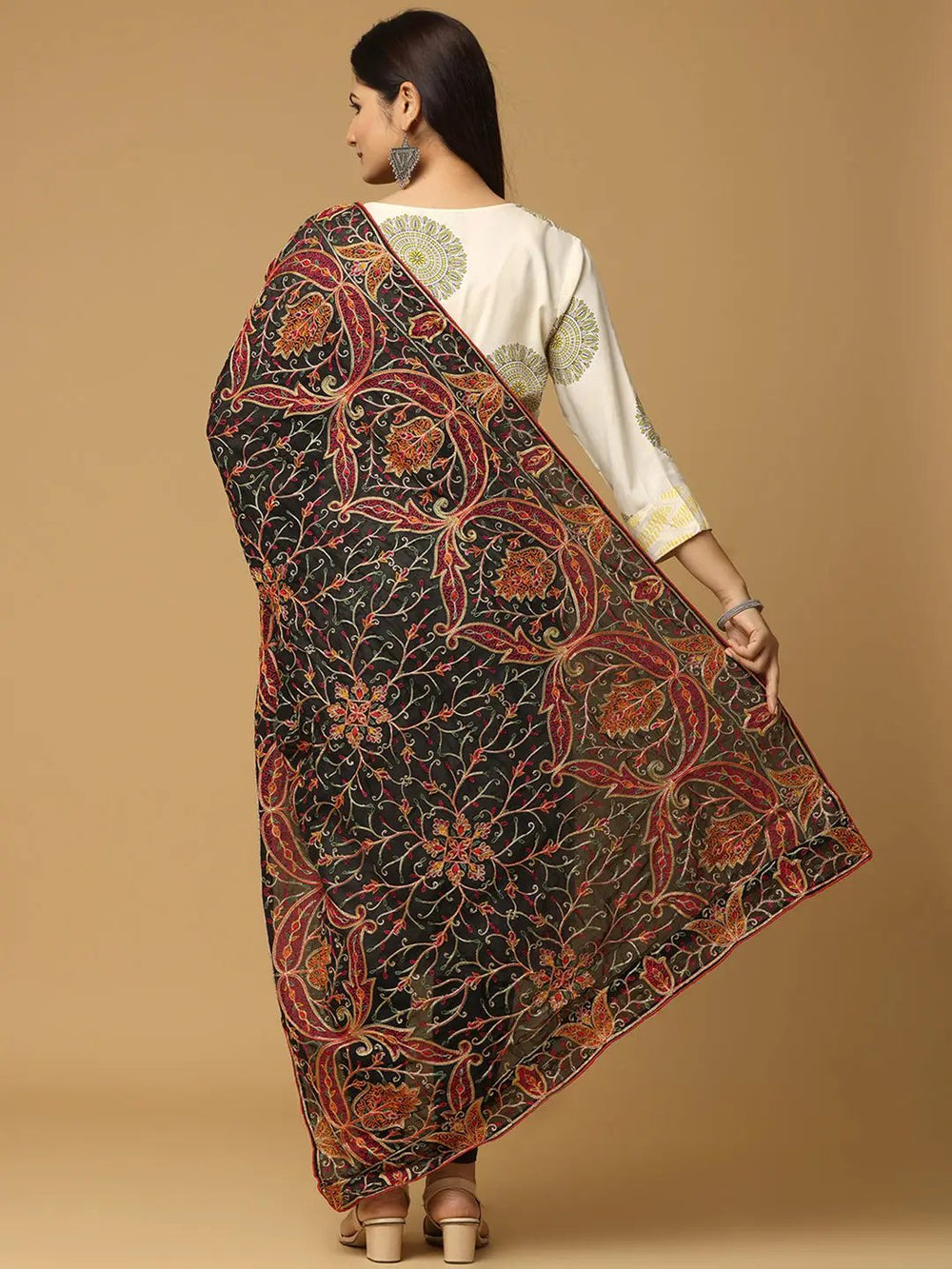Back view of black poly chiffon pashmina threadwork dupatta