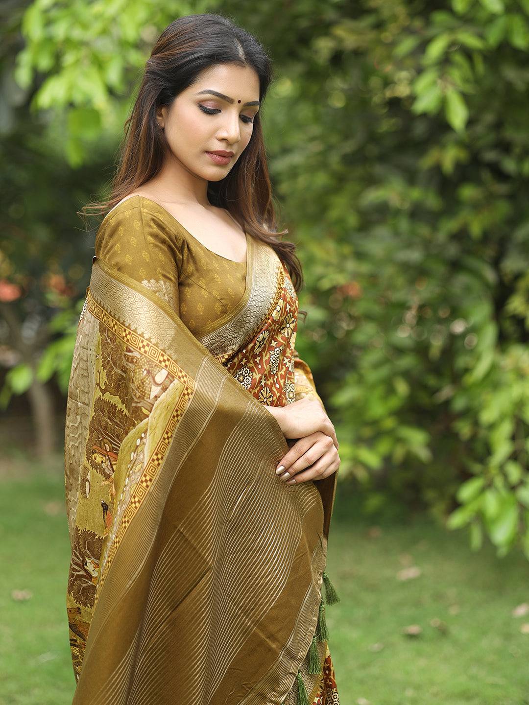 Brown Ajrak Block & Hand Kalamkari Print Pure Viscose Saree 