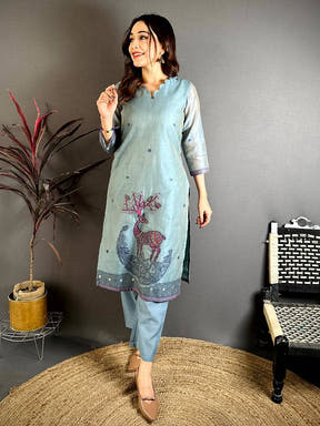 Royal Steel Blue Floral Suit Set