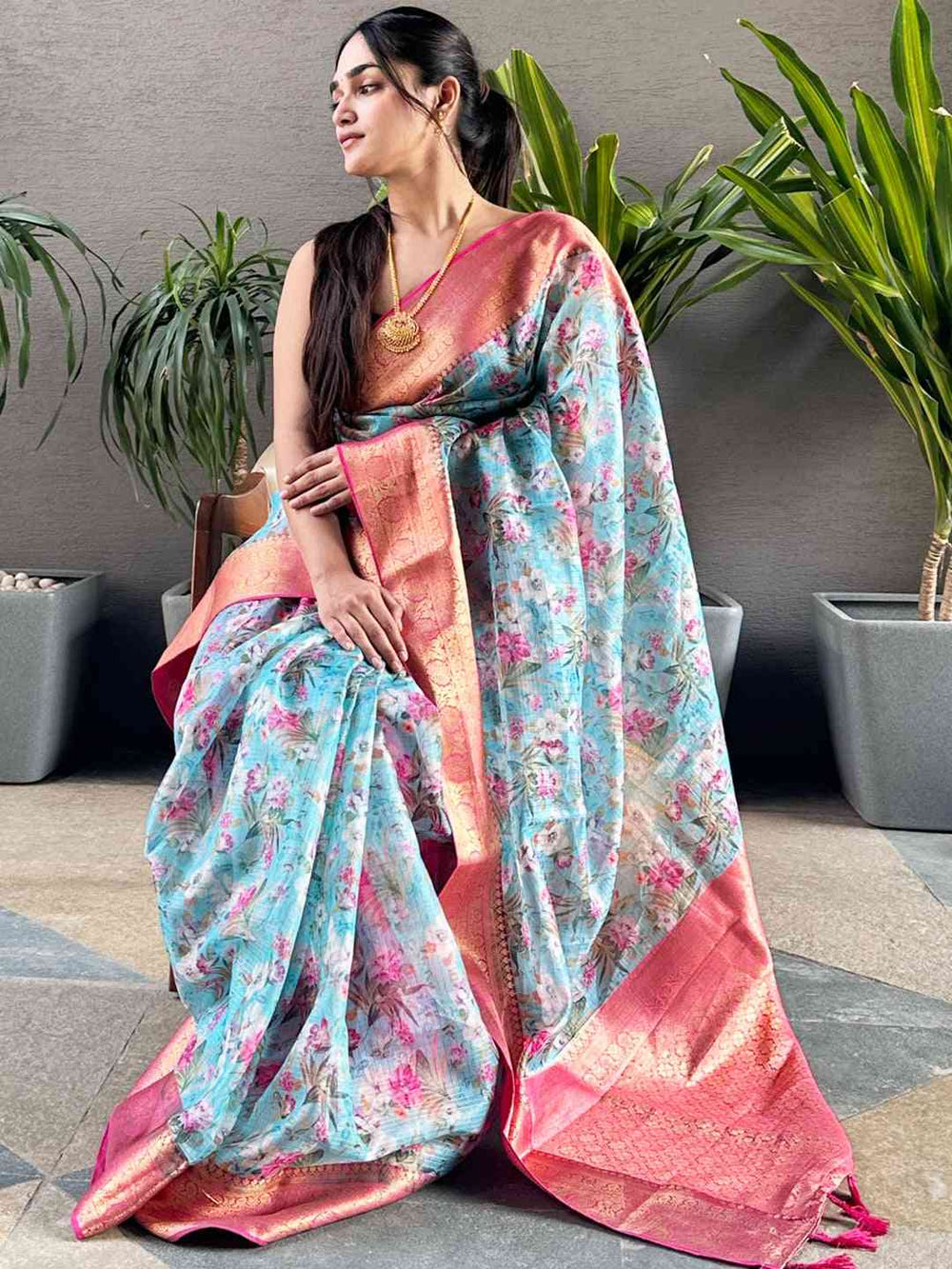 Chic digital flower print Kota silk saree in turquoise