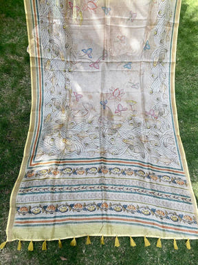 Yellow Kota Doriya Silk Saree With Flower Kalamkari Print