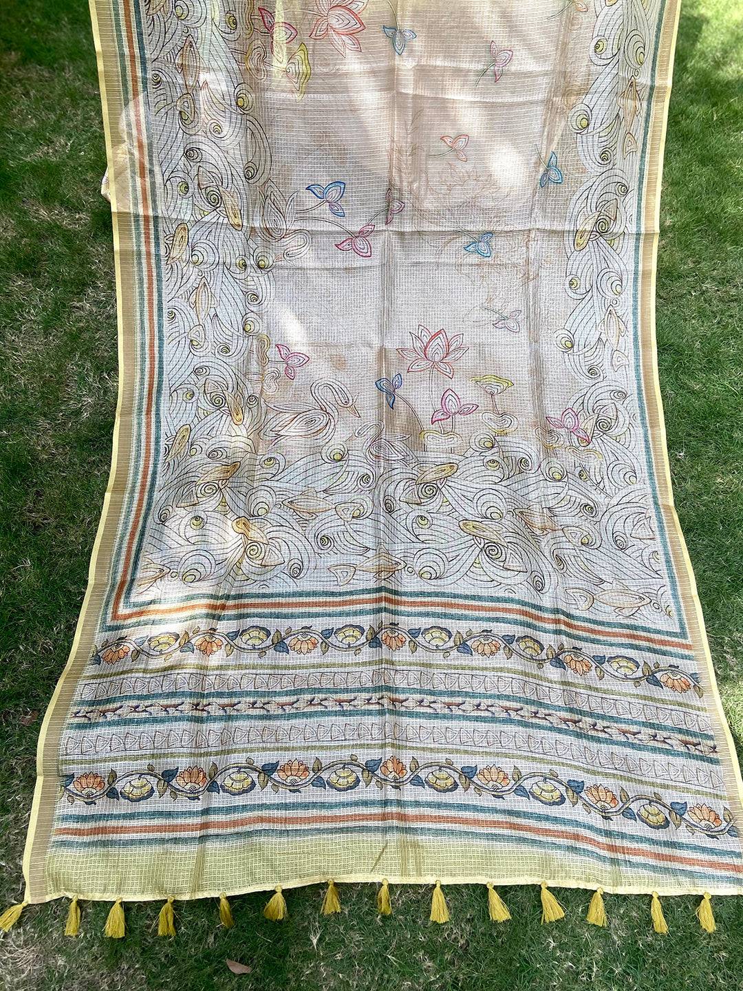 Yellow Kota Doriya Silk Saree With Flower Kalamkari Print