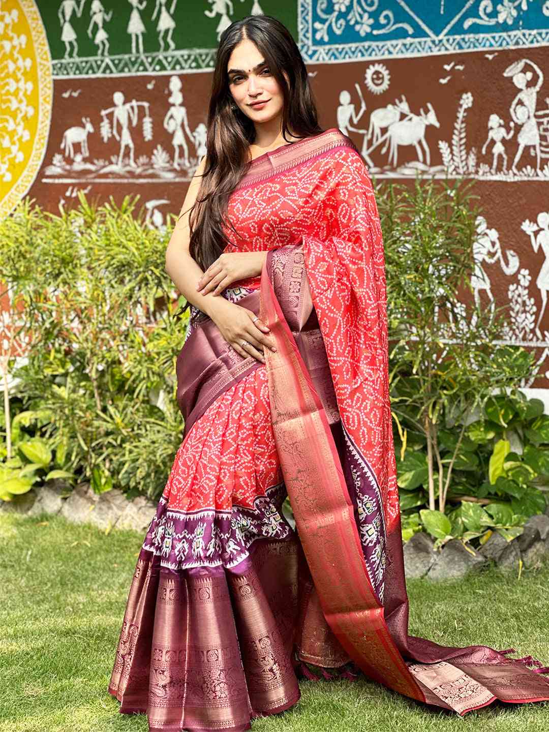 Traditional Red Bandhej Silk Saree with digital print details