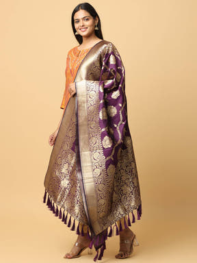 Full view of wine silk blend woven design dupatta