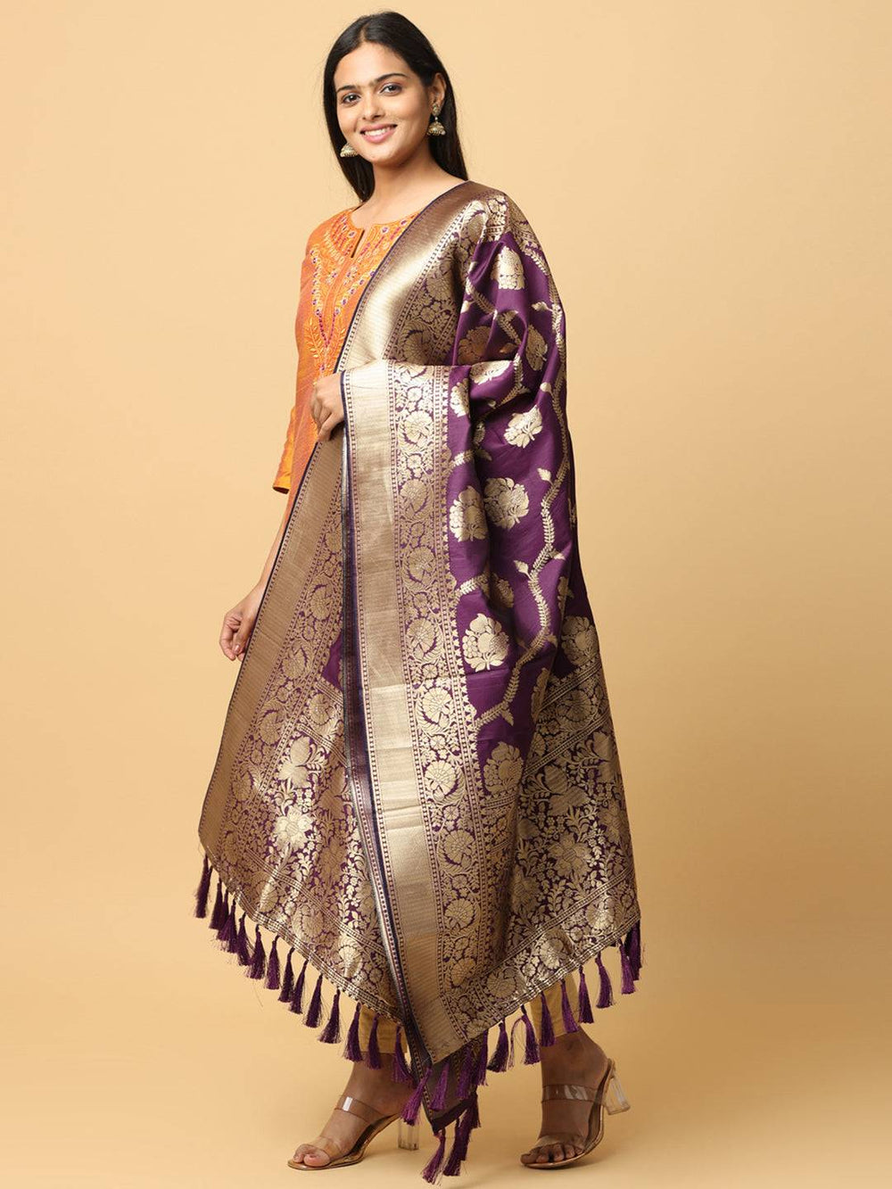 Full view of wine silk blend woven design dupatta