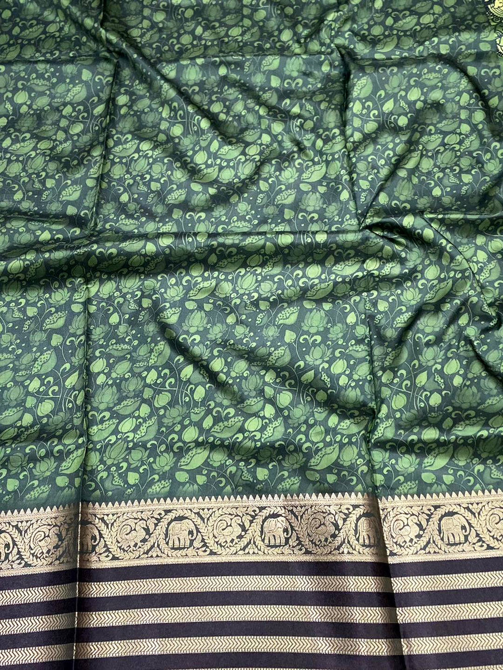 Parrot Green Kalamkari Printed Banarasi Saree